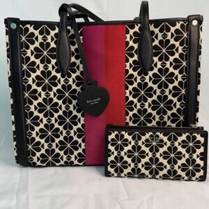 Kate Spade Tote Bag & Matching Wallet Set Black Cream Spade Floral Canvas